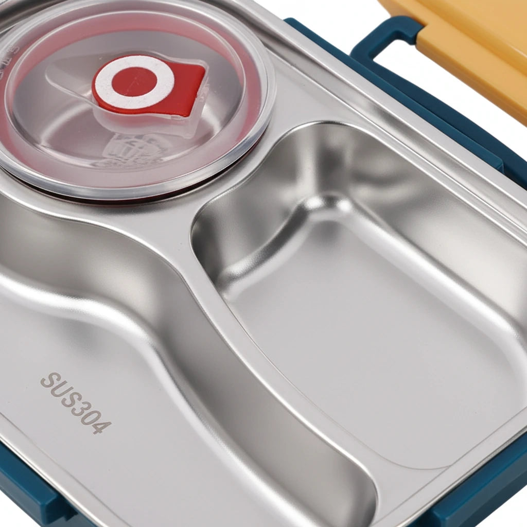 View of a contemporary stainless steel bento lunch box featuring a sleek design and multiple compartments for on the go meals