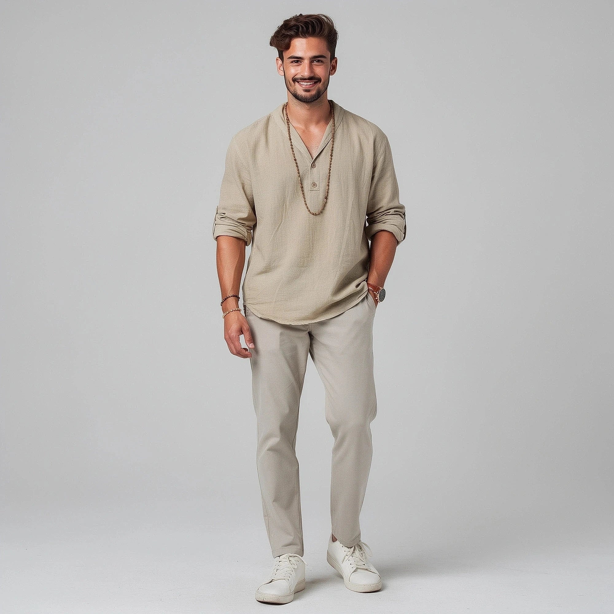 Lightweight linen henley shirt in light blue with a relaxed fit, featuring a button placket and long sleeves, view