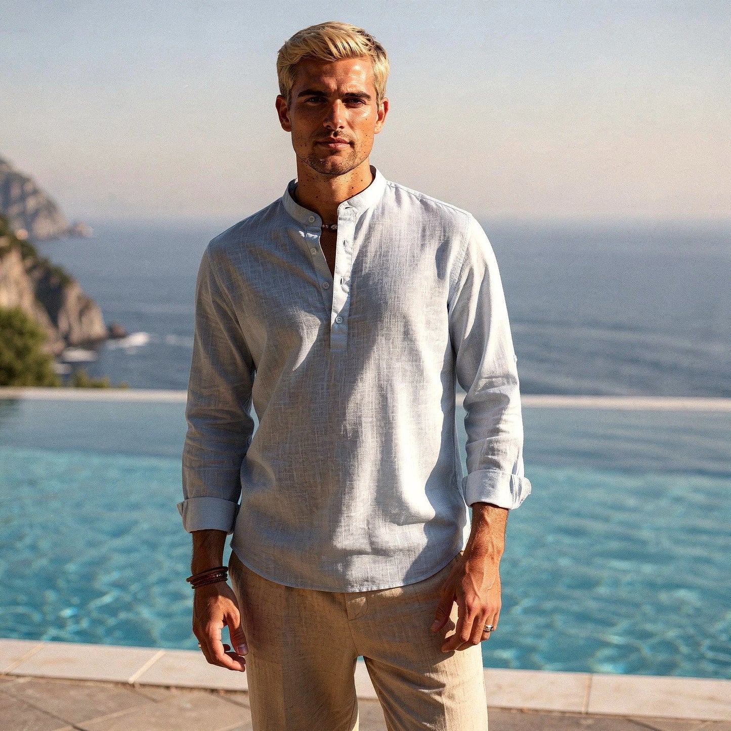 Lightweight casual henley shirt in light gray, featuring a three button placket and long sleeves, view