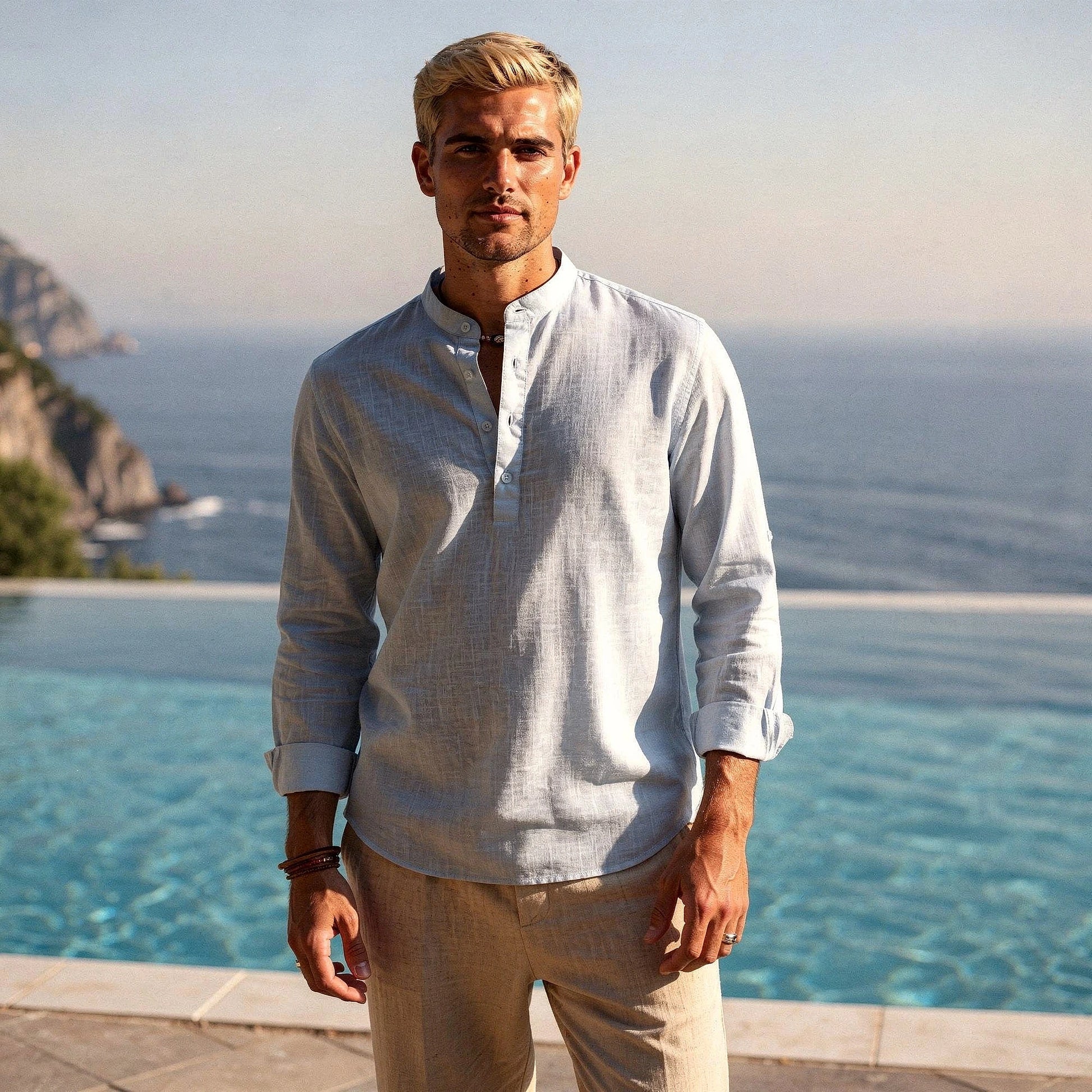 Lightweight casual henley shirt in light gray, featuring a three button placket and long sleeves, view