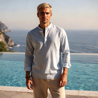 Lightweight casual henley shirt in light gray, featuring a three button placket and long sleeves, view
