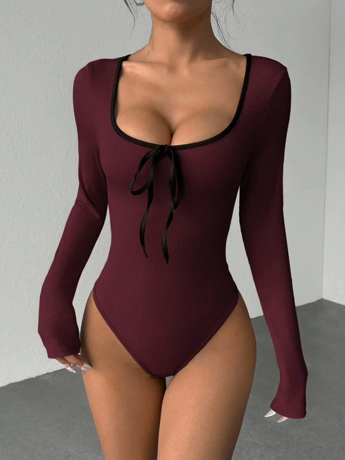 Maroon long sleeve bodysuit with U neck and bowknot detail, front view — 16 — view 16