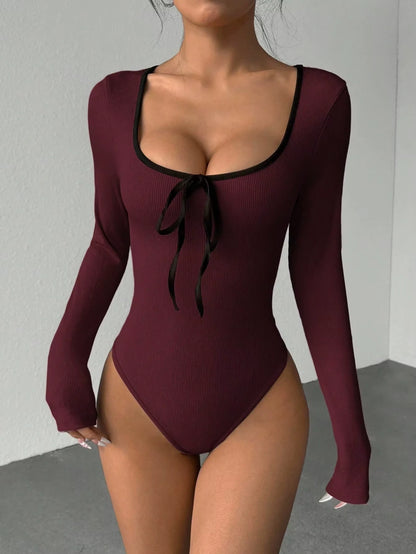 Maroon long sleeve bodysuit with U neck and bowknot detail, front view — 16 — view 16