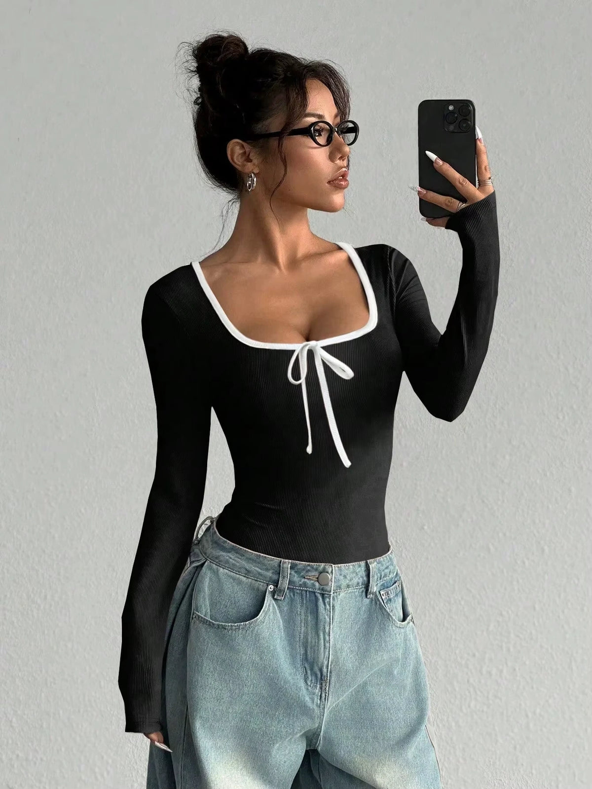 Long sleeve bodysuit with U neck and bowknot detail, color block design — view 20 — view 20