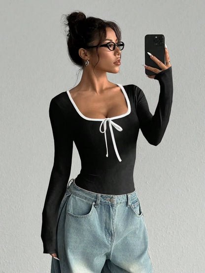 Long sleeve bodysuit with U neck and bowknot detail, color block design — view 20 — view 20