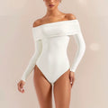 Off shoulder white slim fit long sleeve bodysuit, front view