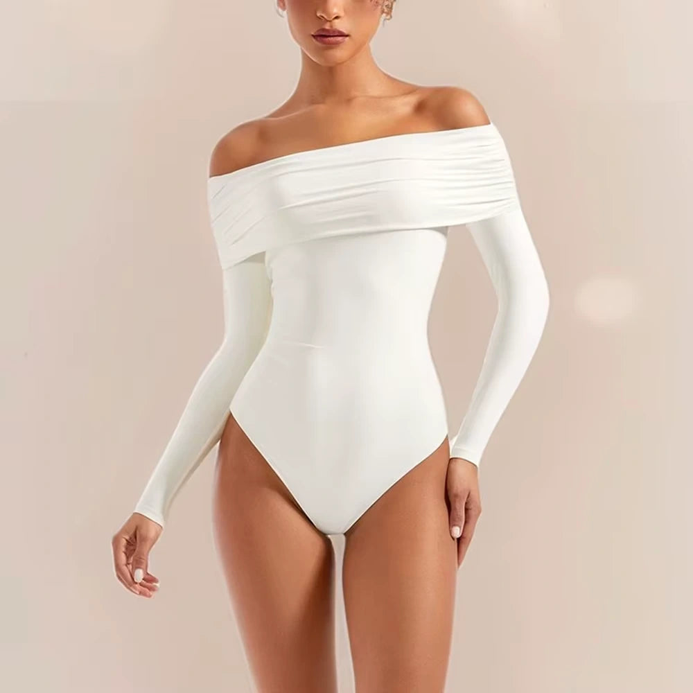 Off shoulder white slim fit long sleeve bodysuit, front view