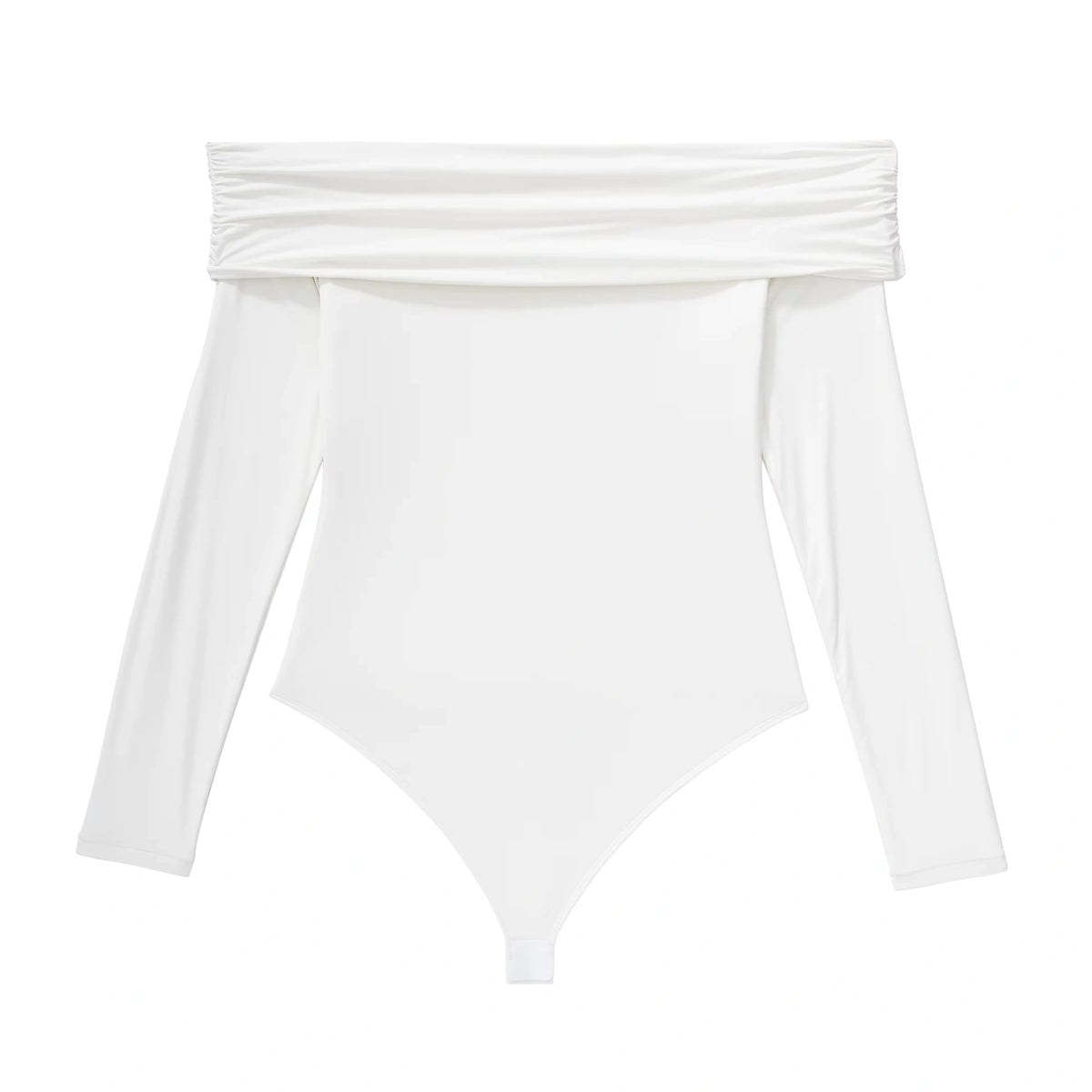 Off shoulder white slim fit long sleeve bodysuit, front view — 10 — view 10
