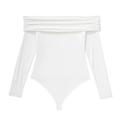 Off shoulder white slim fit long sleeve bodysuit, front view — 10 — view 10