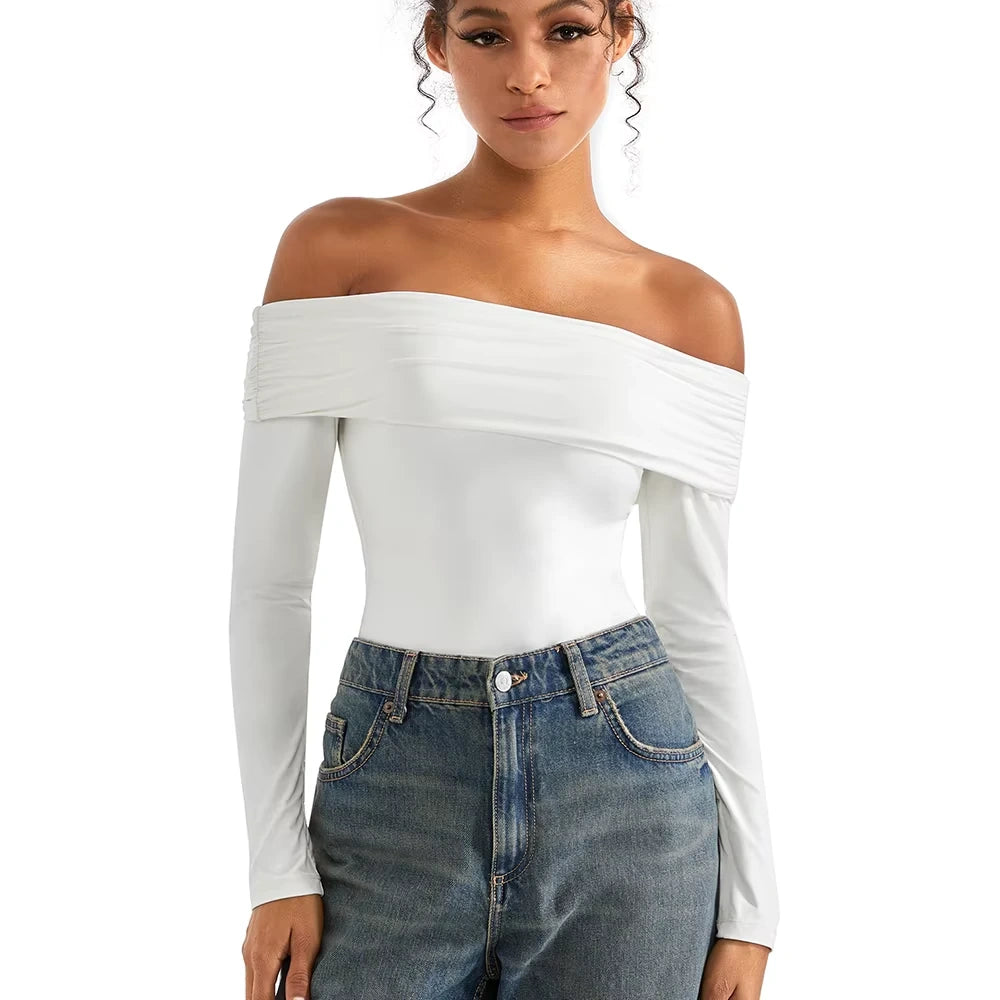 Off shoulder slim fit long sleeve bodysuit in white, worn with jeans, front view — 2 — view 2