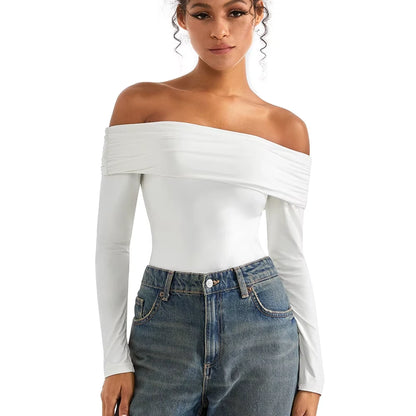 Off shoulder slim fit long sleeve bodysuit in white, worn with jeans, front view — 2 — view 2