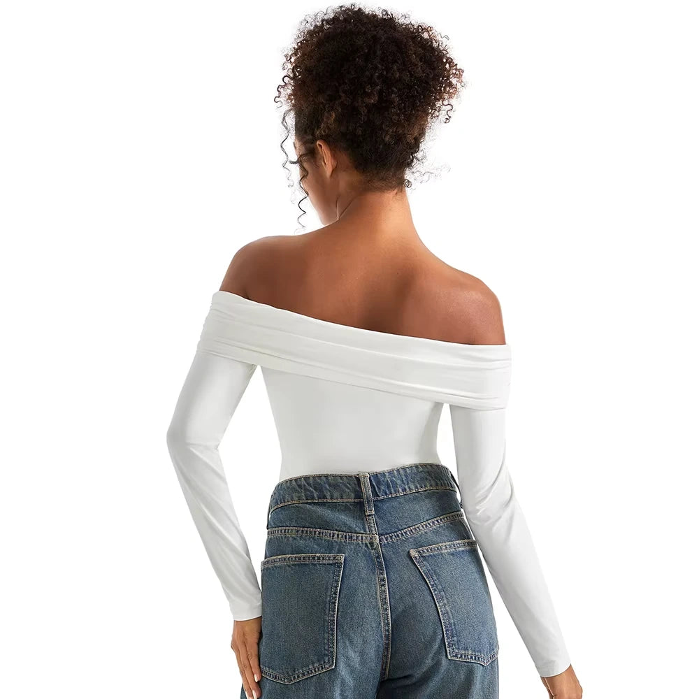 Off shoulder white long sleeve bodysuit, back view with slim fit design — 3 — view 3
