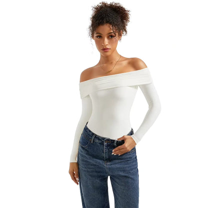 Off shoulder slim fit long sleeve bodysuit, white, worn with jeans — view 4 — view 4