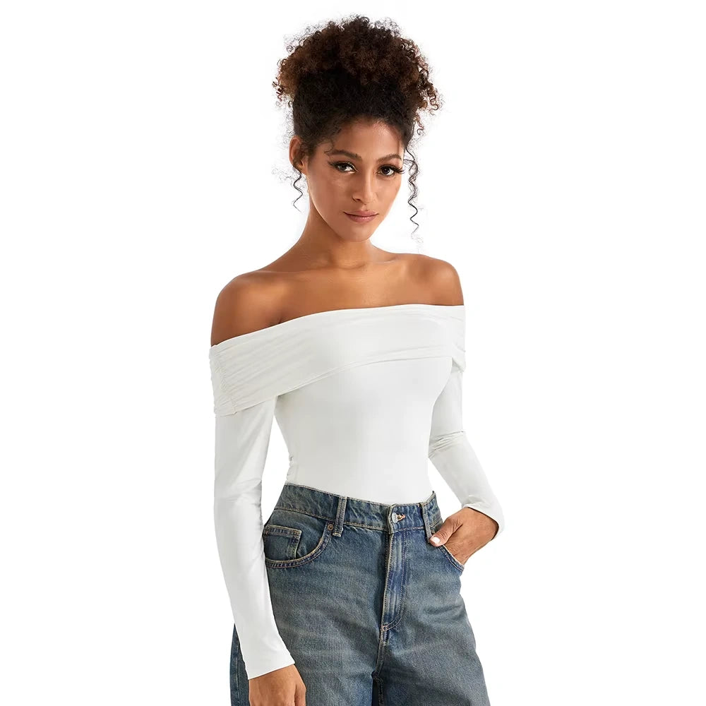 Off shoulder slim fit bodysuit with long sleeves, shown in a casual setting — view 5 — view 5