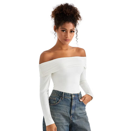 Off shoulder slim fit bodysuit with long sleeves, shown in a casual setting — view 5 — view 5