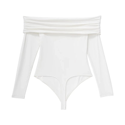 Off shoulder white slim fit long sleeve bodysuit, front view — 6 — view 6