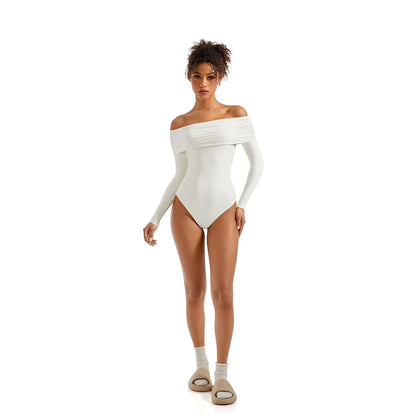 Off shoulder slim fit long sleeve bodysuit in white, front view — 7 — view 7
