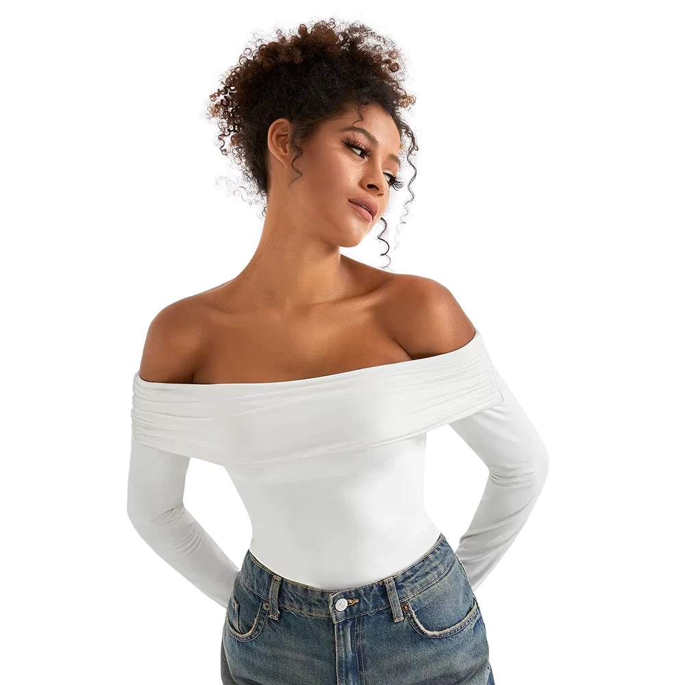 Off shoulder slim fit long sleeve bodysuit in white, worn with jeans — view 8 — view 8