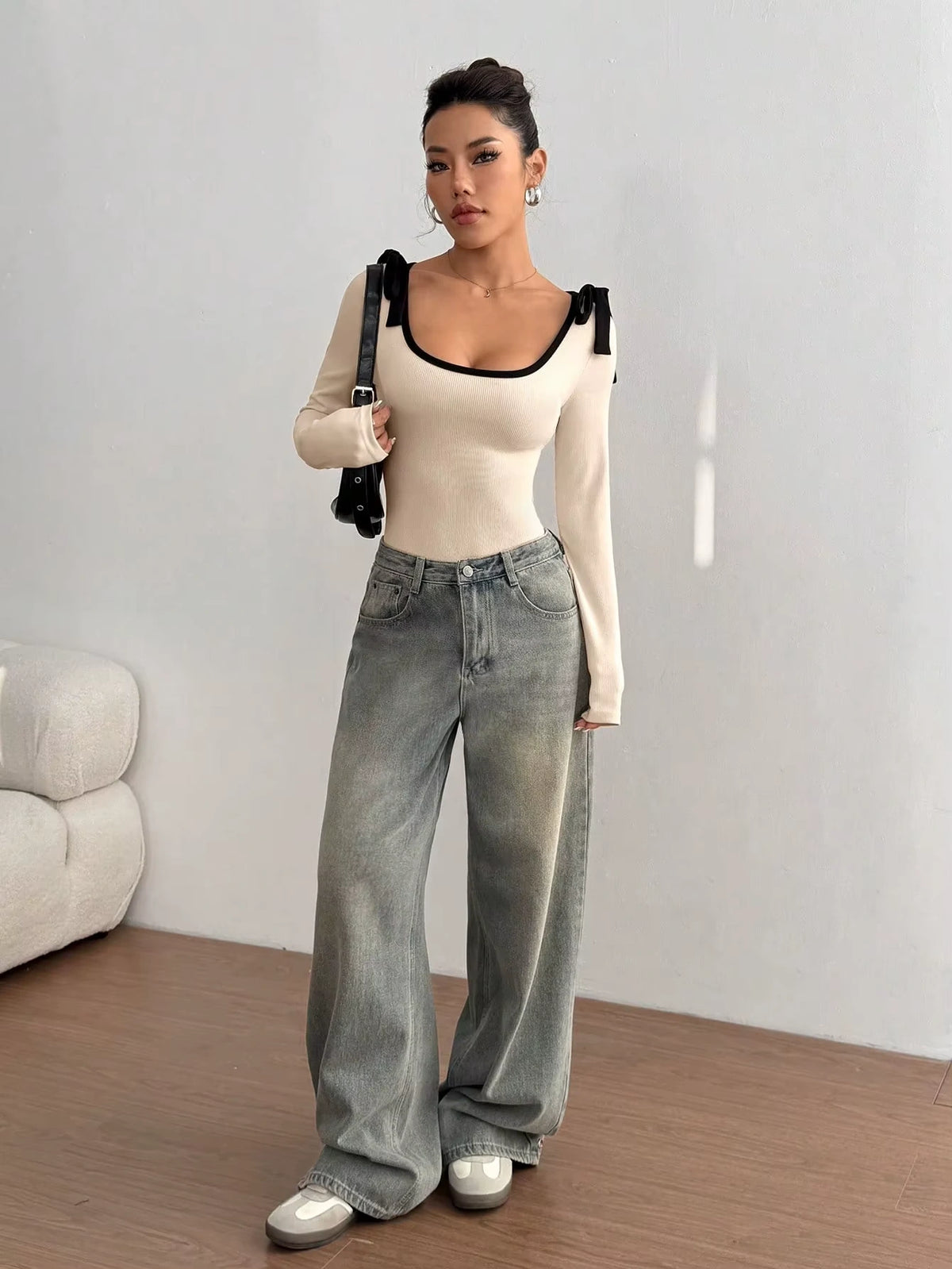 Cream color block rib knit long sleeve bodysuit with scoop neckline, worn gray jeans — view 5 — view 5