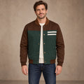 Men's Color Block Snap Front Bomber Jacket — Adrian — Green and Brown — complete view, image