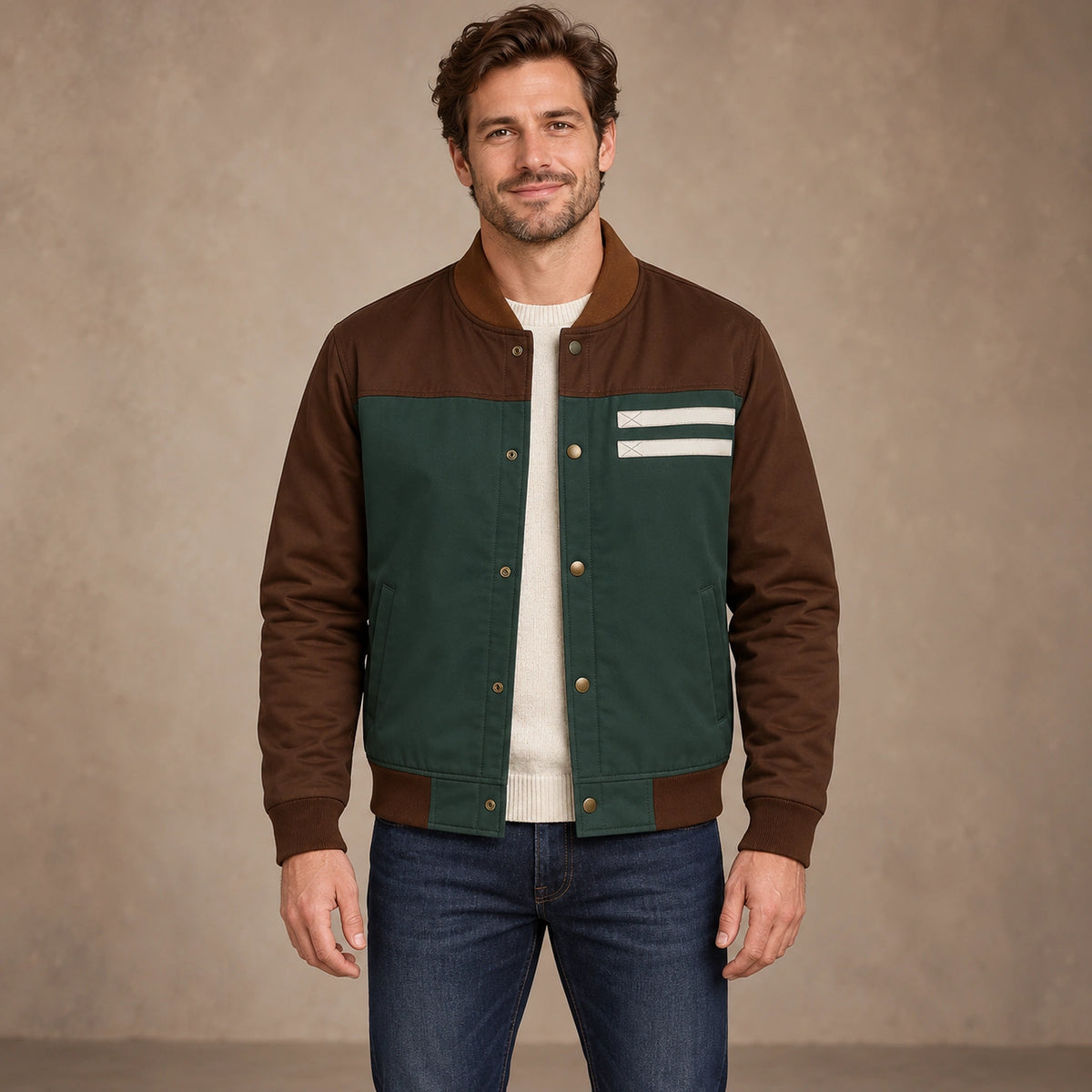 Men's Color Block Snap Front Bomber Jacket — Adrian — Green and Brown — complete view, image
