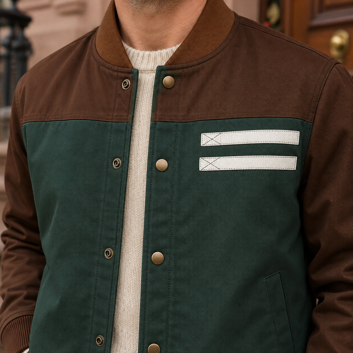 Men's Color Block Snap Front Bomber Jacket — Adrian — Green and Brown — close up of the brass toned snaps dark — view 10