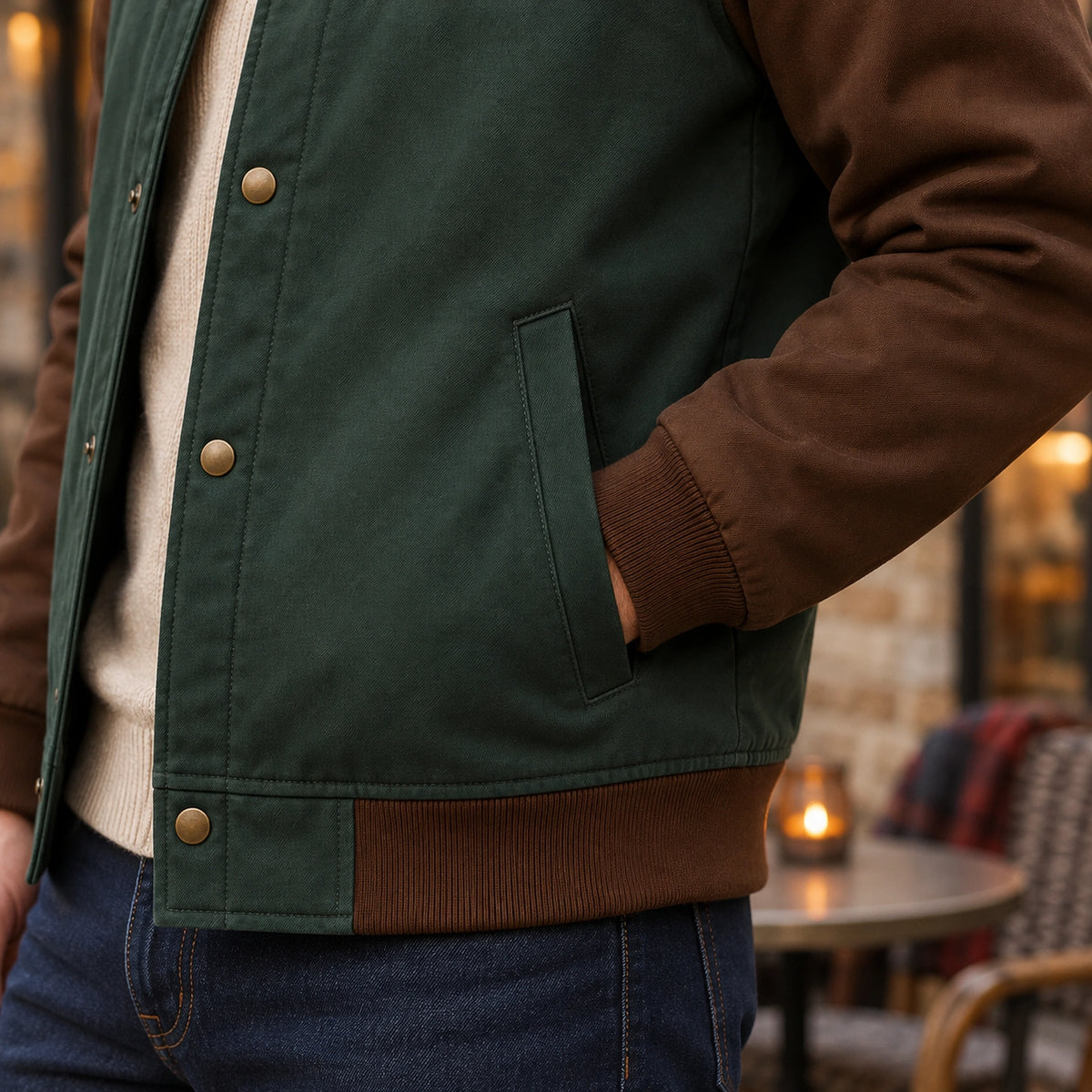 Men's Color Block Snap Front Bomber Jacket — Adrian — Green and Brown — close up of the slanted dark welt pocket — view 11