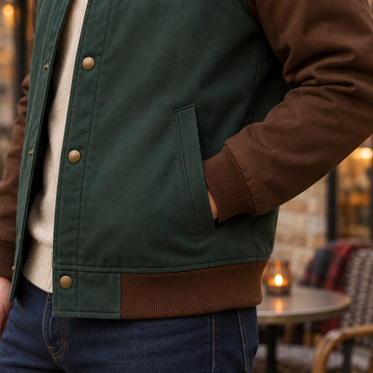 Men's Color Block Snap Front Bomber Jacket — Adrian — Green and Brown — close up of the slanted dark welt pocket — view 11