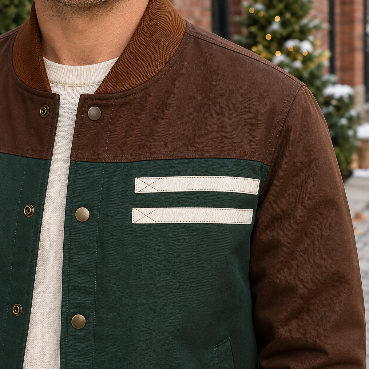 Men's Color Block Snap Front Bomber Jacket — Adrian — Green and Brown — close up of the yoke seam — view 13