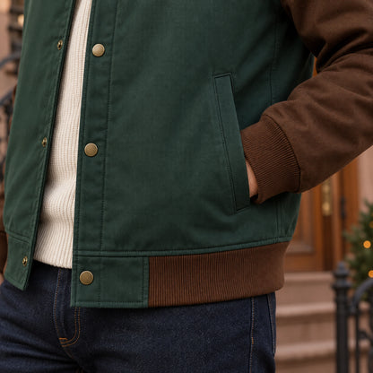 Men's Color Block Snap Front Bomber Jacket — Adrian — Green and Brown — close up of the rib hem meeting placket — view 14