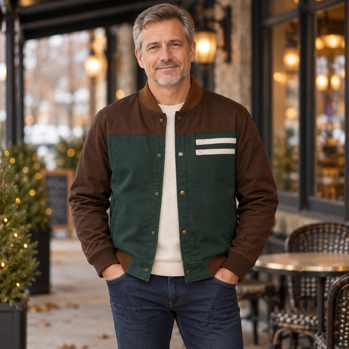 Men's Color Block Snap Front Bomber Jacket — Adrian — Green and Brown — straight complete view on an older model — view 2