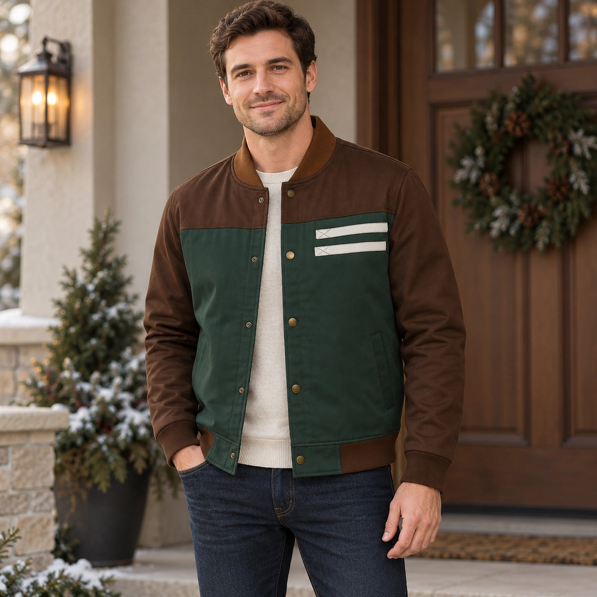 Men's Color Block Snap Front Bomber Jacket — Adrian — Green and Brown — complete garment from a shallow 20 degree — view 3