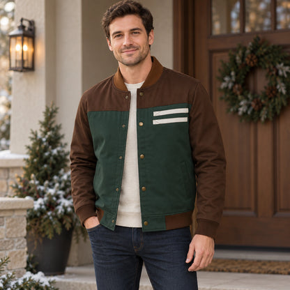 Men's Color Block Snap Front Bomber Jacket — Adrian — Green and Brown — complete garment from a shallow 20 degree — view 3