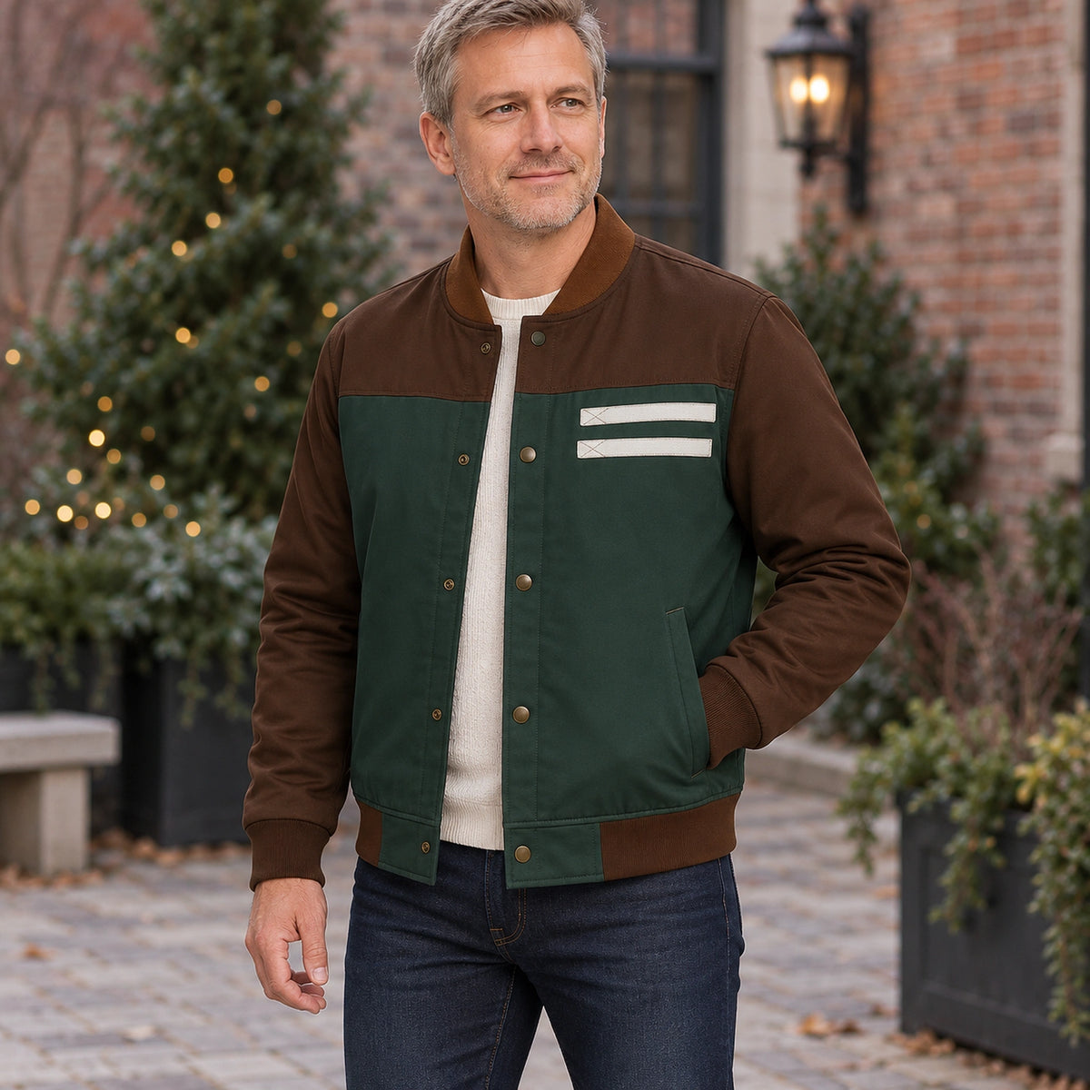 Men's Color Block Snap Front Bomber Jacket — Adrian — Green and Brown — complete garment from a shallow 20 degree — view 4