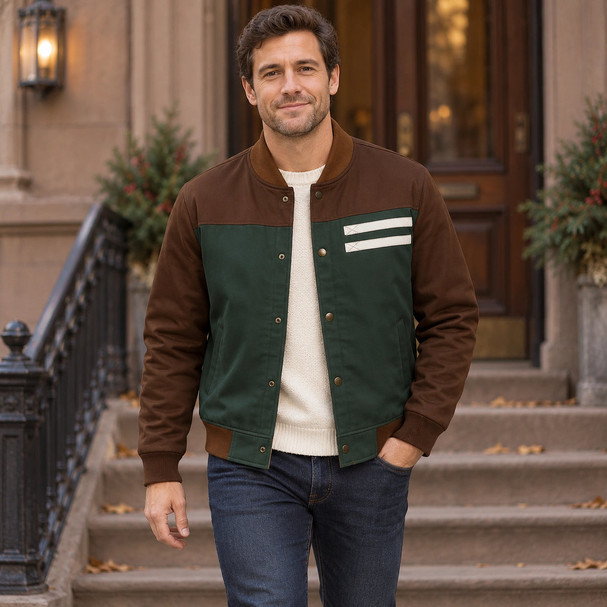 Men's Color Block Snap Front Bomber Jacket — Adrian — Green and Brown — complete garment in a gentle walking pose — view 5