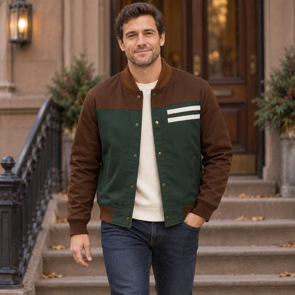 Men's Color Block Snap Front Bomber Jacket — Adrian — Green and Brown — complete garment in a gentle walking pose — view 5