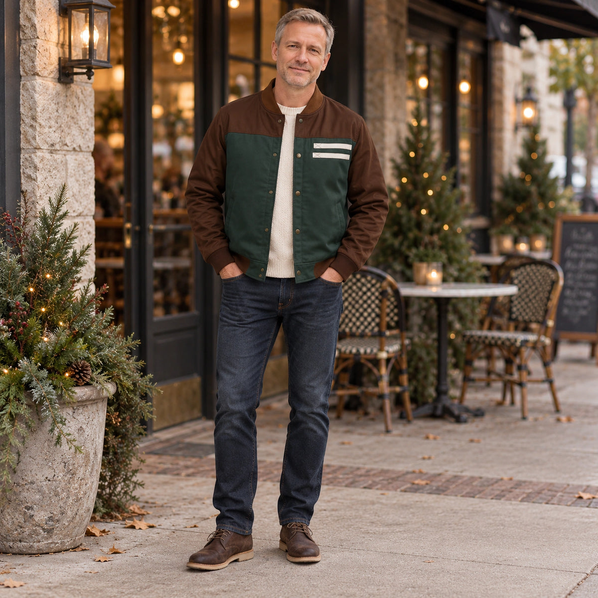 Men's Color Block Snap Front Bomber Jacket — Adrian — Green and Brown — full outfit while standing naturally by a — view 6