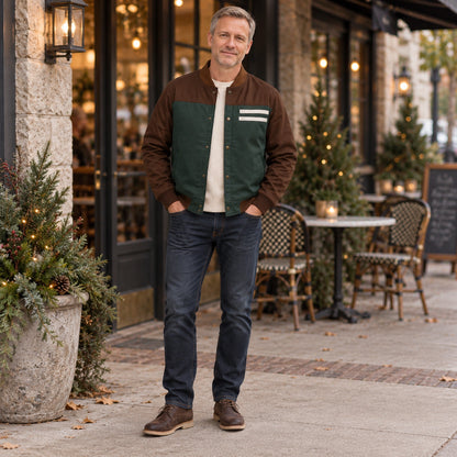 Men's Color Block Snap Front Bomber Jacket — Adrian — Green and Brown — full outfit while standing naturally by a — view 6