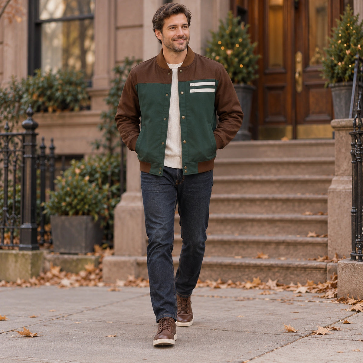 Men's Color Block Snap Front Bomber Jacket — Adrian — Green and Brown — full outfit walking slowly along a tasteful — view 7