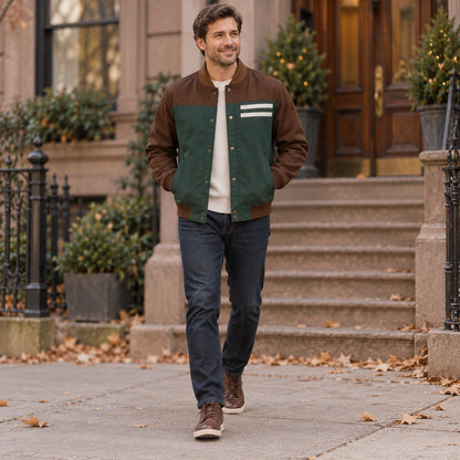 Men's Color Block Snap Front Bomber Jacket — Adrian — Green and Brown — full outfit walking slowly along a tasteful — view 7