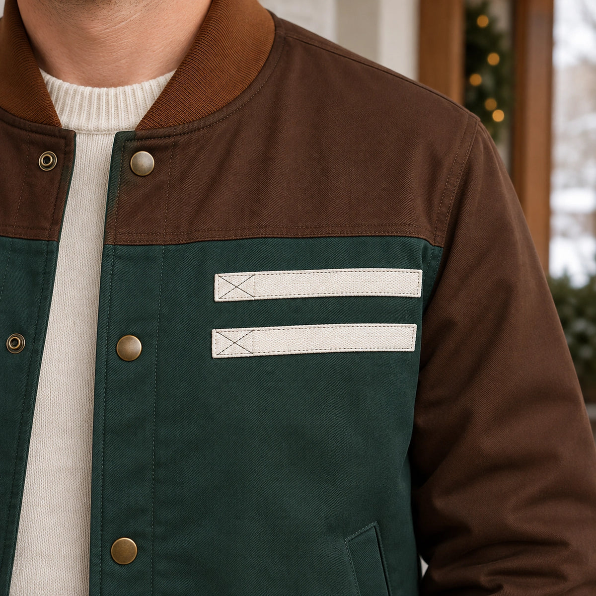 Men's Color Block Snap Front Bomber Jacket — Adrian — Green and Brown — close up of the two cream chest strips with — view 8