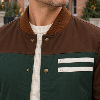 Men's Color Block Snap Front Bomber Jacket — Adrian — Green and Brown — close up of the rib collar top — view 9