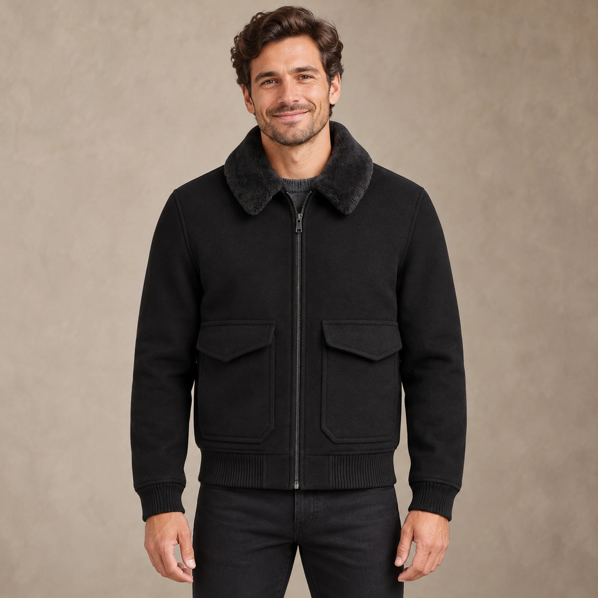 Men's Faux Fur Collar Bomber Jacket — Noah — Black — complete front view, image