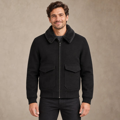 Men's Faux Fur Collar Bomber Jacket — Noah — Black — complete front view, image