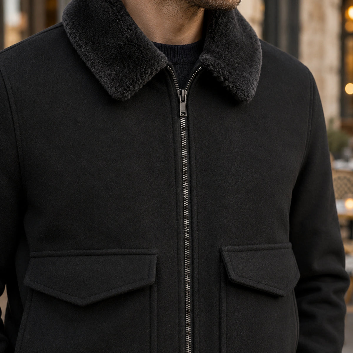 Men's Faux Fur Collar Bomber Jacket — Noah — Black — close up of the center zipper and adjacent stitching — view 11