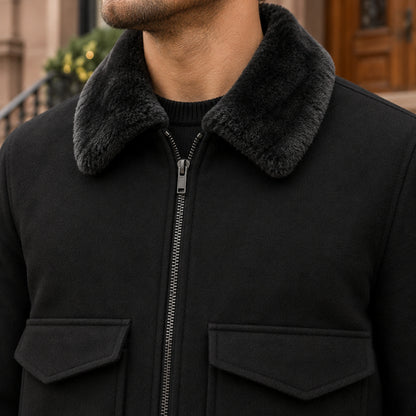 Men's Faux Fur Collar Bomber Jacket — Noah — Black — close up of the plush texture and clean front neckline — view 14
