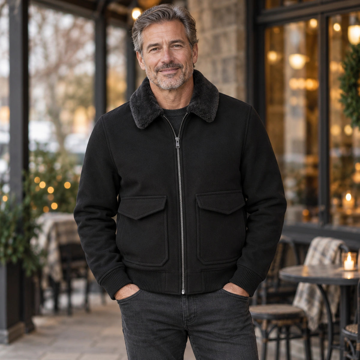 Men's Faux Fur Collar Bomber Jacket — Noah — Black — straight complete front view on an older model, relaxed natural — view 2