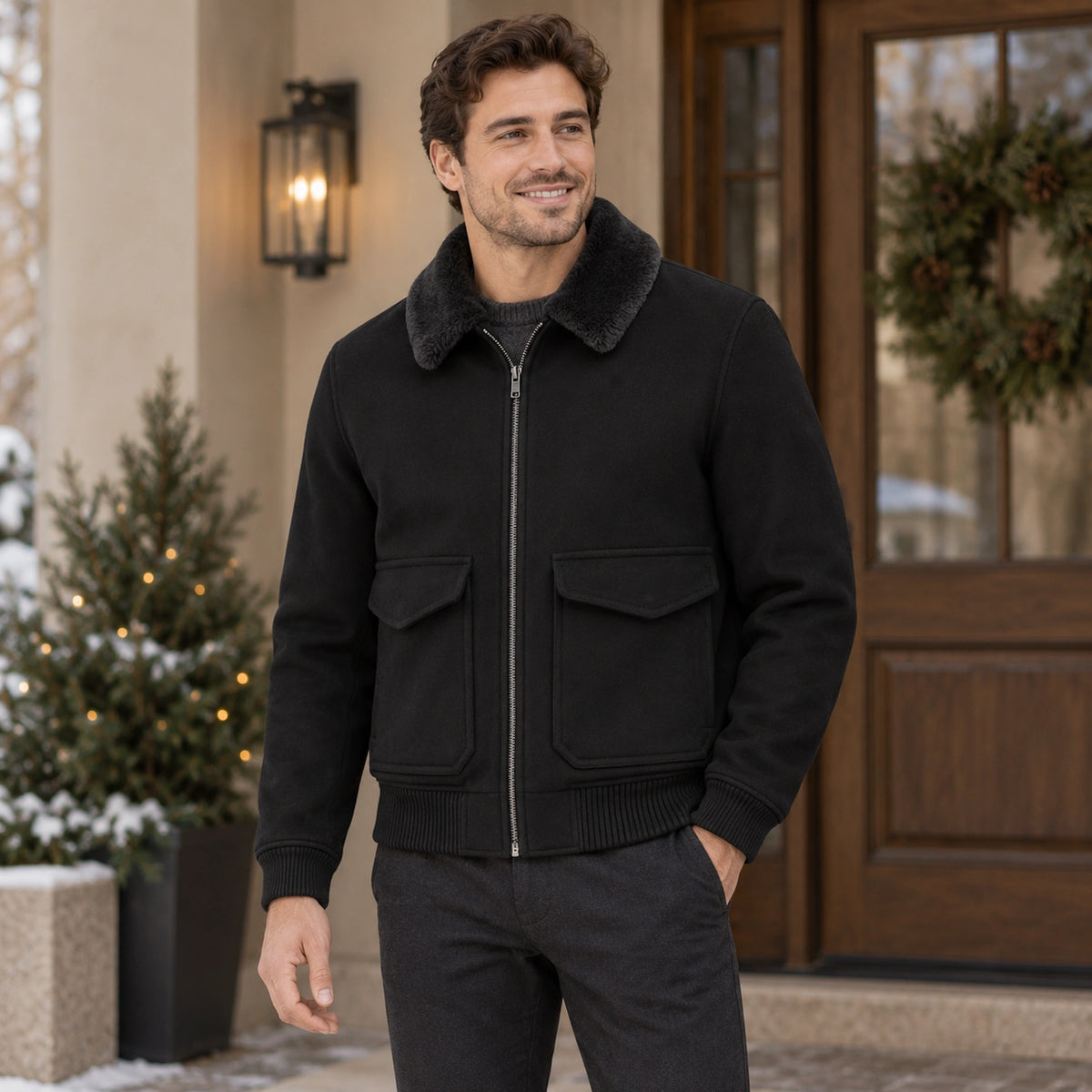Men's Faux Fur Collar Bomber Jacket — Noah — Black — complete garment from a shallow 20 degree front left angle — view 3