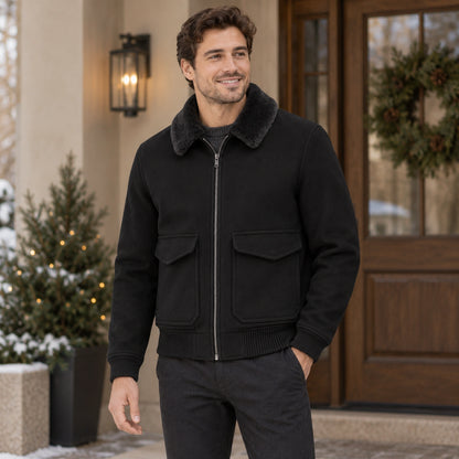 Men's Faux Fur Collar Bomber Jacket — Noah — Black — complete garment from a shallow 20 degree front left angle — view 3