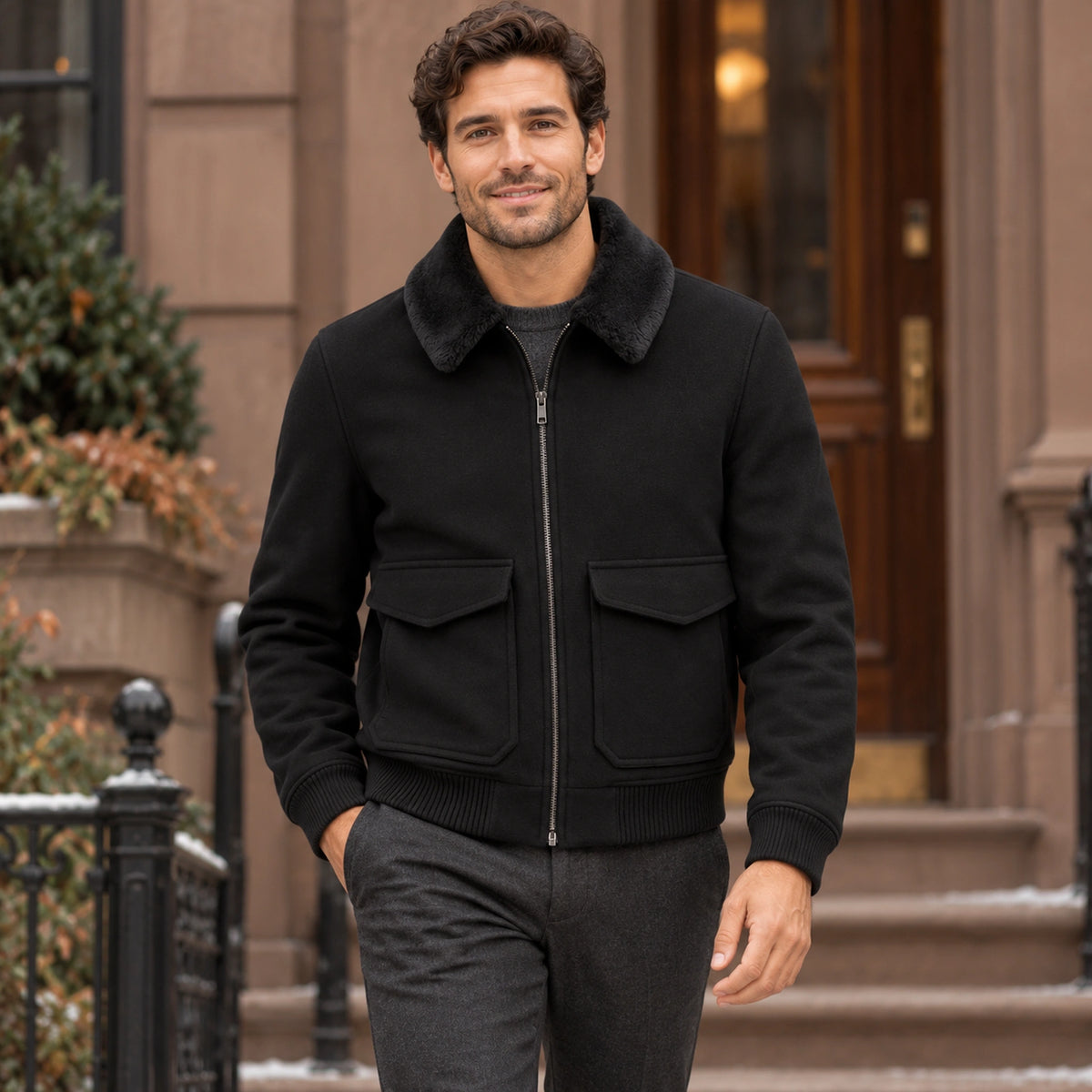 Men's Faux Fur Collar Bomber Jacket — Noah — Black — complete garment in a gentle walking pose toward camera, front — view 5